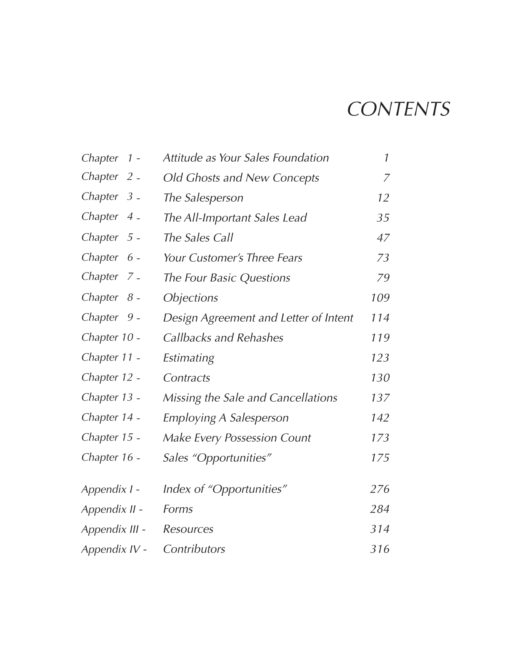 Profitable Sales, A Contractor's Guide, Table of Contents